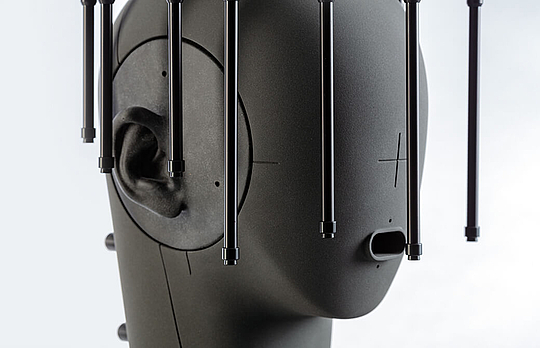 Close up of microphone array MSA I mounted on an artificial head 