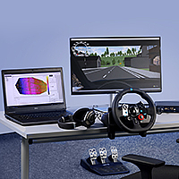 Desktop Simulator with pedals, stiring wheel and a monitor.