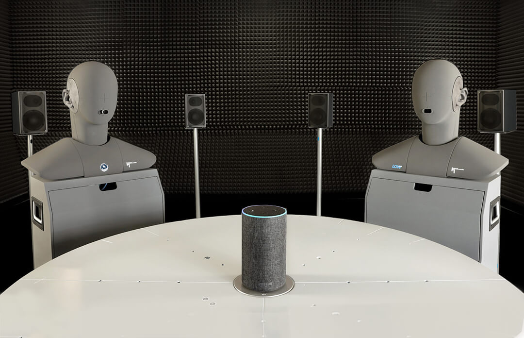 Two artificial heads HMS II.3 in application with a loudspeaker.