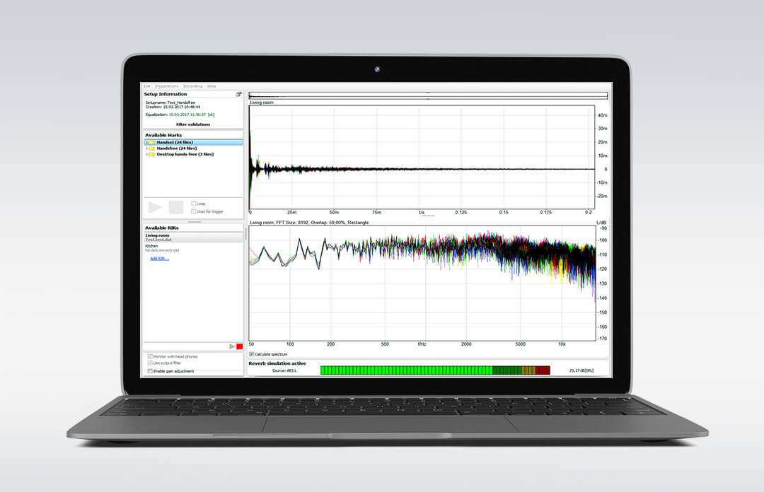 Room reverberation simulation software 3PASS reverb on laptop